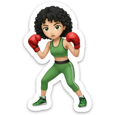 a girl with black curly hair and olive skin in a green workout outfit, boxing sticker
