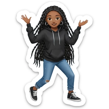 African American dark skin girl with long black box braids wearing a plain black hoodie wearing denim jeans and shoes dancing in music video sticker