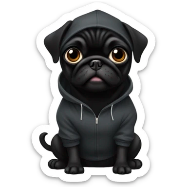 Black pug wearing a black hoodie sticker
