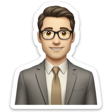 Pale skinned fit man with dark brown hair in gray jacket, beige office shirt, brown tie, brown pants and vintage glasses Writing on the marker board sticker