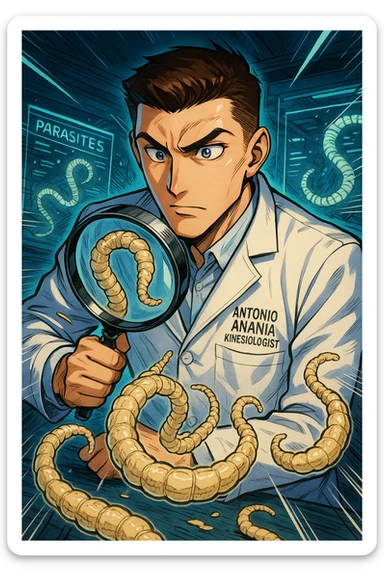 A dynamic manga/webtoon-style illustration of a young male kinesiologist wearing a clean white lab coat, analyzing light beige worms like a tapeworm under a magnifying glass. His expression is focused and slightly intrigued, with sharp, detailed eyes. The art style is vibrant, with bold linework, rich colors, and dramatic lighting. The background is a futuristic laboratory with glowing holographic screens displaying parasite data. The tapeworm is intricately drawn, slimy and segmented, with a slightly exaggerated yet realistic texture. The composition is dynamic, with motion lines or energy effects to emphasize his scientific investigation. The atmosphere is intense but not dark, keeping a balance between scientific seriousness and stylish manga aesthetics, he has "ANTONIO ANANIA" WRITTEN ON WHITE LAB COAT sticker
