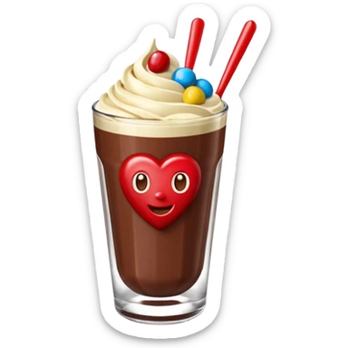 Un vaso cubierto de chocolate que arriba se vea crema batida varias fresas y mym sticker