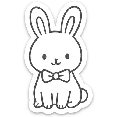 hand-drawn outlined sketch of a cute bunny with a bow tie, no color, simple lines, icon style sticker