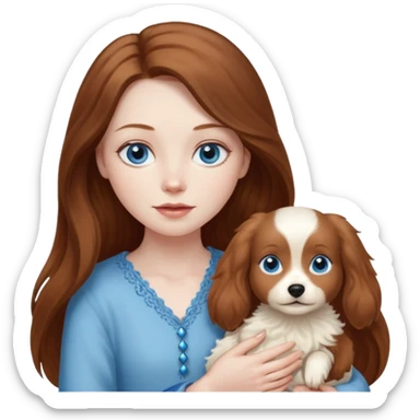 long hair chestnut color blue eyes woman holding small ivory dog sticker