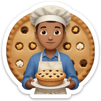 Baking community man avatar in vibrant style illustration. Pie, cookie, and muffin warm golden tones, simple shapes, flat design, high contrast. sticker