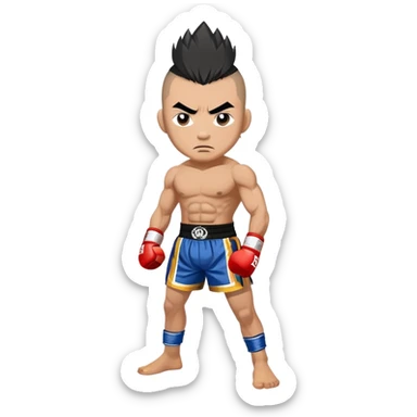 Rodtang Jitmuangnon the Iron Man, fierce Muay Thai fighter with mohawk hairstyle, intense expression, muscular build, wearing mongkhon headband and traditional Muay Thai shorts sticker