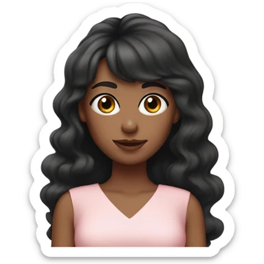 White woman with long black curly hair and bangs and dark brown eyes, wearing a pastel pink dress sticker