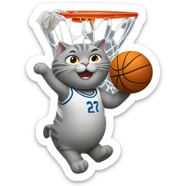 grey fat cat slam dunking basketball between legs sticker