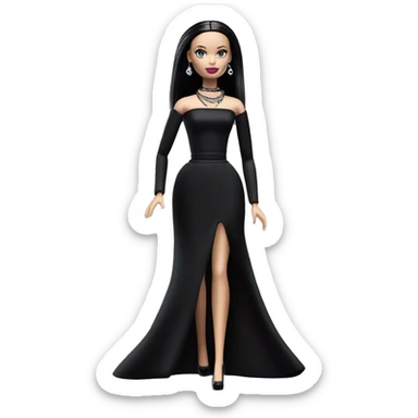  Elegant Wednesday Addams Barbie.  Small light skin face. Earrings with matching necklaces Longer hair. black flowing strapless tight evening gown neckline that’s off-the-shoulders shows her legs and black high heel shoes. sticker