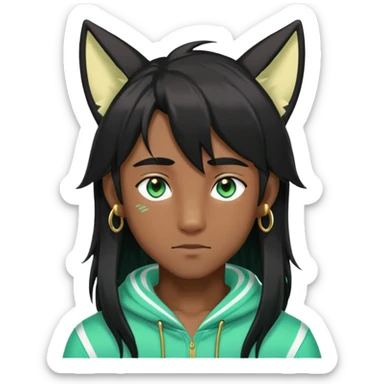 Black anime man with straight long black hair with light-green stripes in it, long black fox ears, hazel-gradient-brown-turquoise eyes, gold earring, sticker