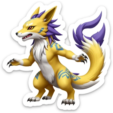 Tropical Tiny Marked Patterned Tribal Exquisite Delicious Growling Gargantuan Barking Pulverizing Garurumon-Renamon-Linoone-fusion-hybrid-creature (full body) sticker