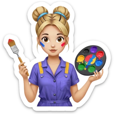 beautiful girl with a bun on her head in a jumpsuit with paint stains, holding a palette and a brush in her hands sticker