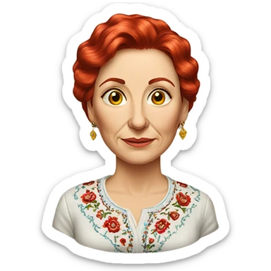 A middle-aged Ukrainian woman writer in an embroidered shirt with red hair
 sticker