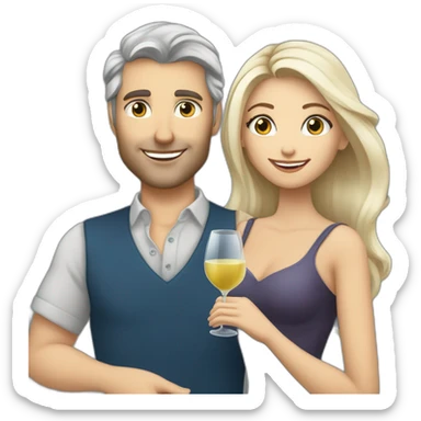 caucasian woman with brown eyes and blond medium long hair and a caucasian man with blue eyes and grey hair, toasting with a glass of white wine sticker