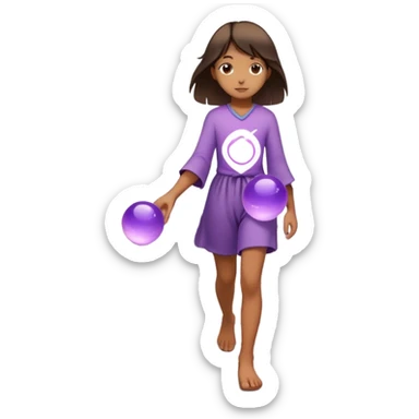A small figure walks back broken bridge, holding soft 2 violet orbs in hand—symbolizing compassion and forgiveness. A gentle heart aura trails behind them, showing healing in motion. sticker