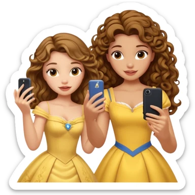 Haz un dos chicad una la princesa Bella de Disney y la otra uo con el pelo rizado largo haciendose un selfie como si et UVI ETB en el perquè de isney sticker