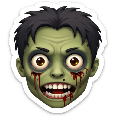 Brown-skinned zombie with messy black hair, wide centered brown eyes, dark bloody marks under the eyes, and a slightly open mouth showing crooked teeth grillz, giving a distressed, undead look. sticker