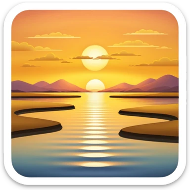 A 3D cartoon sunset over an estuary, golden reflection on calm water, scenic and peaceful, Memoji-style. sticker
