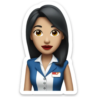 Flight attendant with long black hair, red lips and a blue uniform sticker