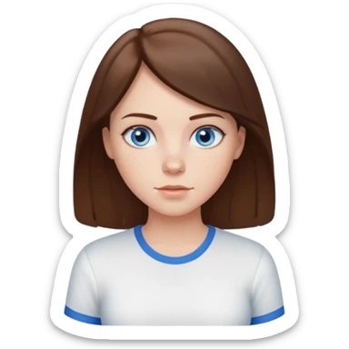 Create an emoji of a white Girl with brunette hair blue eyes faint freckles and hair to her chest wearing a white shirt sticker