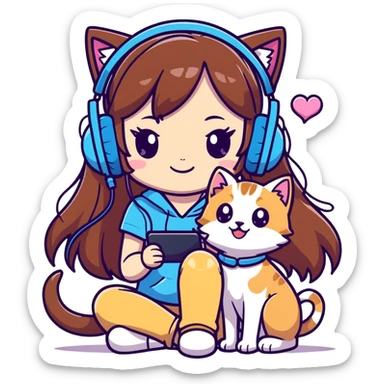 Anime-style gamer girl with long brown hair and a headset, in a pink and purple room with glowing heart decor, a happy puppy and kitten by her side, and sparkles everywhere — in magical girl anime style. sticker