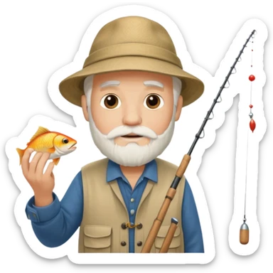 an old white haired, bearded man in fisherman attire, sat in a boat at sea, holding a fishing rod and catching fish with it. sticker