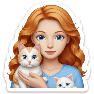 Long wavy strawberry blonde blue eyes woman with a white cat with blue eyes realistic  sticker