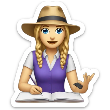 White female long har vivid blue eyes purple shirt violinist with laptop and teacher hat sticker