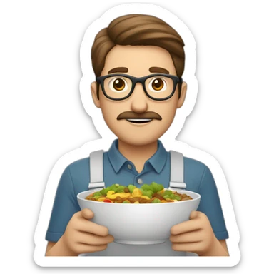 brown hair white guy with mustache wearing full rounded glasses with meal in hands sticker
