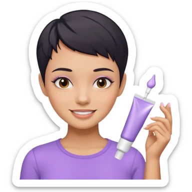 tan girl with pastel purple shirt with black hair & a pixie, doing her skin care sticker