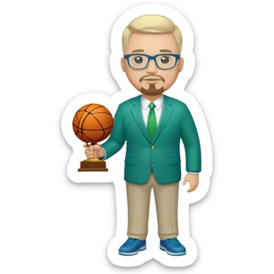 Full Body white fat male  wearing glasses with a goatee with light blonde gray very short hair basketball head Coach in blue and green suit holding trophy sticker