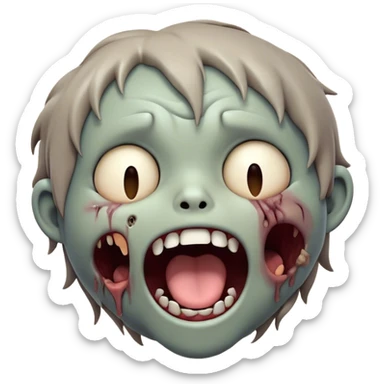 Cinematic Cute Yawning Zombie Portrait Emoji, with a delightfully quirky, slightly disheveled face in muted ashen tones, head tilted back in a big, funny yawn that reveals quirky stitches and playful gaps, simplified yet irresistibly charming, highly detailed with a soft, eerie glowing outline capturing the sleepy, offbeat vibe of a zombie taking a nap! sticker
