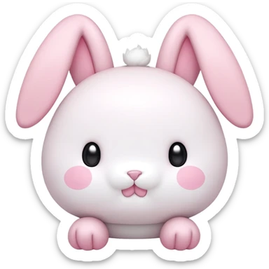 A pudgy bunny in authentic Sanrio style exactly like My Melody, two long floppy ears, round face, very minimal facial features with just simple eyes and tiny mouth, tiny spikes, light pink and white colors, small bow, ultra kawaii and simple sticker