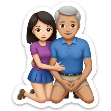 older man with dark hair on knees, facing dark haired woman in a micro mini skirt, hugging her waist sticker