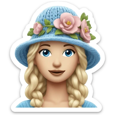 beautiful finnish fair hair woman with blue eyes knitting floral hat sticker