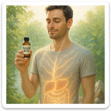 health-conscious man holding a small bottle labeled 'fulvic acid' in a bright natural setting, calm and rejuvenated expression, soft glowing light or translucent energy flowing through his body especially around gut liver and skin, background with nature elements like plants clean water minerals conveying purification and detox, clean wellness aesthetic, semi-realistic, soft light, holistic and rejuvenating atmosphere, 4K sticker