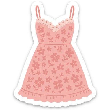 frilly lacey floral pink summer sundress, flat vector sticker