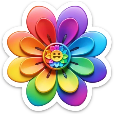 A bezeled psychedelic colored button with a rainbow colored 3D flower in the center sticker