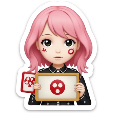 Mymelody holding a sign which shows the my chemical romance logo sticker