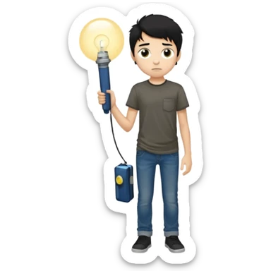  > 15-year-old boy, 165 cm tall, slim build, light tan skin, messy black hair, dark brown eyes with dark circles, wearing a dark t-shirt and faded jeans, holding a small flashlight, expression of curiosity mixed with fear, dim and foggy background, realistic style. sticker