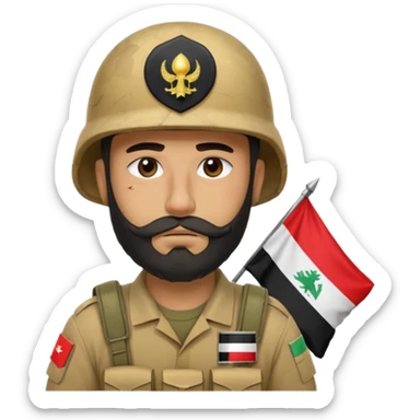 A very tired and sad, swarthy Iraqi soldier with a beard, an Iraqi flag on his helmet, a sad expression and bags under his eyes sticker