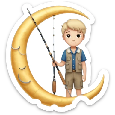 A dreamy night sky with a crescent moon. A boy sits on the moon holding a fishing rod, surrounded by soft clouds and stars. Magical and peaceful atmosphere. sticker