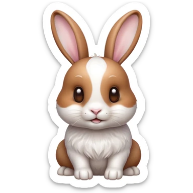 Cinematic Cute White and Brown Rabbit Portrait Emoji, Head tilted playfully and inquisitively, featuring a silky fur with a delicate mix of white and brown patches, round, sparkling eyes filled with curiosity, Simplified yet irresistibly adorable features, highly detailed, glowing with a warm, friendly glow, high shine, affectionate and lively, stylized with a touch of whimsy, bright and endearing, soft glowing outline, capturing the essence of a mischievous yet loving bunny, so playful it feels like it could hop out of the screen and into your arms! sticker