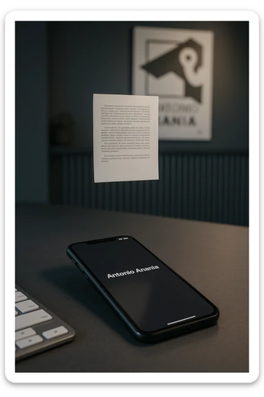 A photo of an iPhone with the message "Antonio Anania" on its screen, hovering over it is another document floating in mid-air, both surrounded by soft light and shadow. The phone sits atop a desk with a blurred background that suggests work environment. A faint glow from above casts gentle shadows across the surface of each object, creating depth and highlighting their textures. sticker