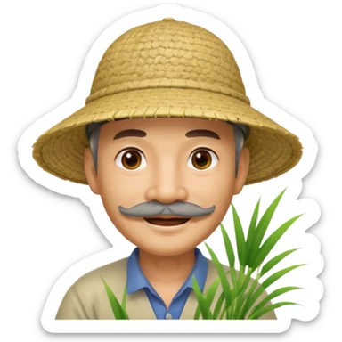 chinese man wearing rice paddy hat with mustache that looks old sticker