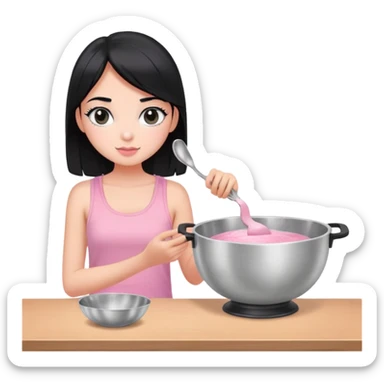 girl with black hair and black eyes white tone skin wearing pink pastel tanktop, and holding a silver bowl cooking or mixing something sticker