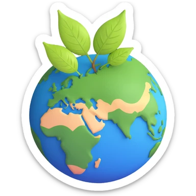 A single green leaf resting gently on top of a vibrant, round Earth globe. The focus is on the leaf and the globe with a simple background and soft natural lighting sticker