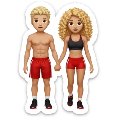 athletic man, high top fade, blonde curly hair only top only, no shirt and Athletic girl with long light red wavy long hair and black sports, Put them together kissing, or holding hands sticker