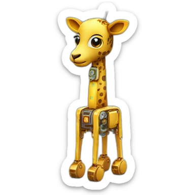 Una girafa robotica con patrones de circuitos brillantes en su piel, piernas con juntas móviles y piezas de metal relucientes sticker