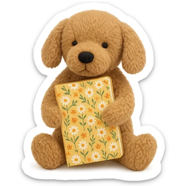 Jellycat style brown golden retriever puppy holding a yellow floral journal  sticker